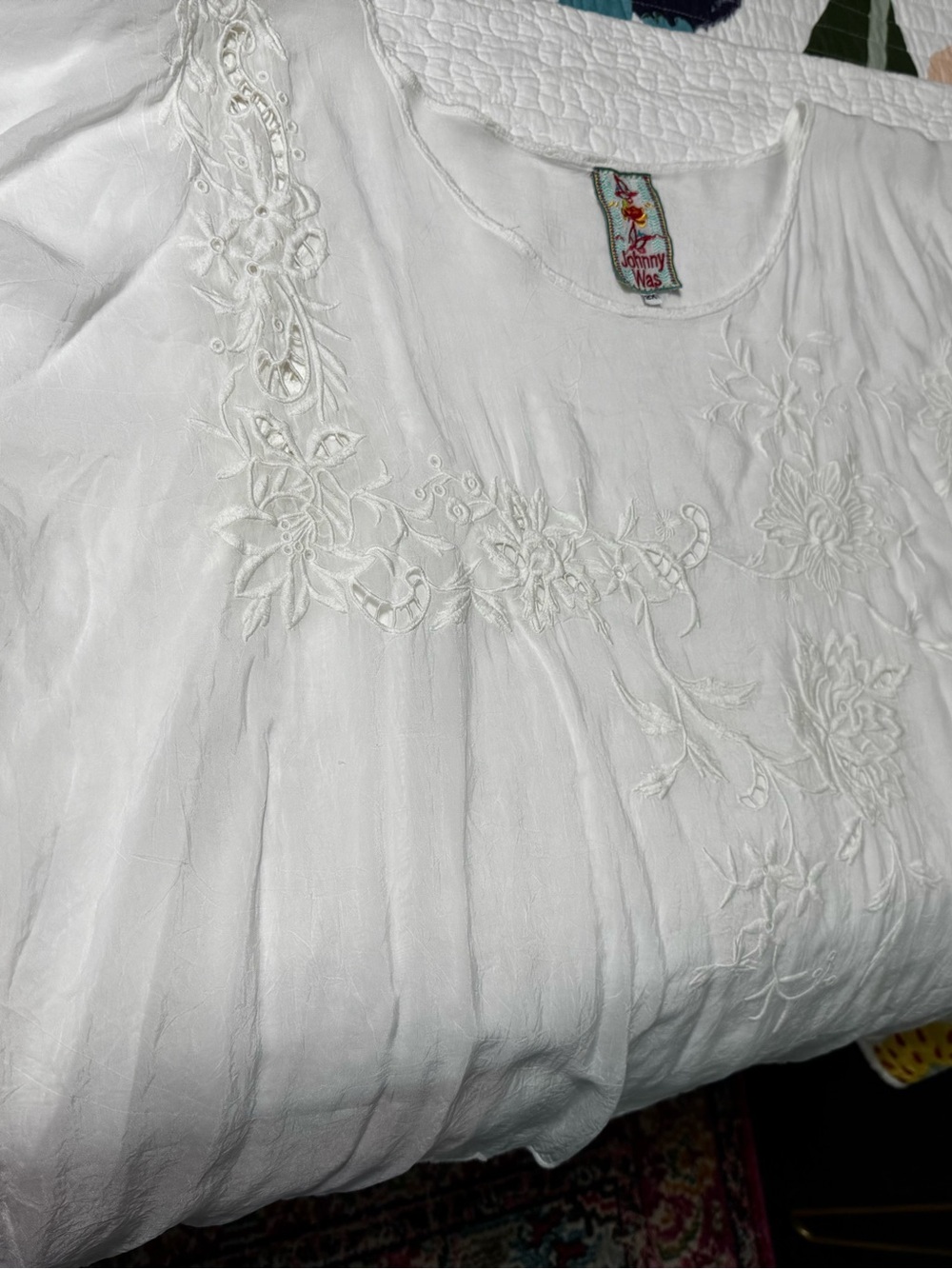 Johnny Was White Sheer Embroidered Blouse